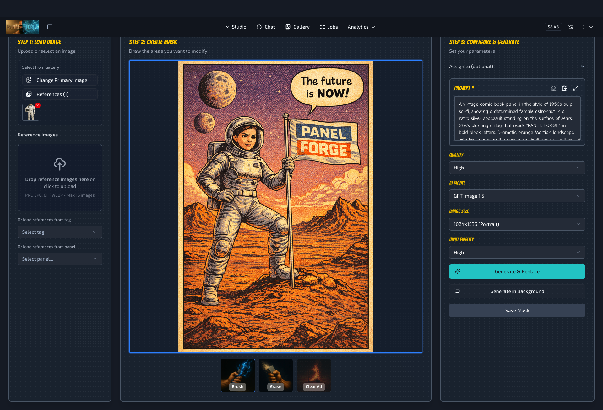 PanelForge Inpaint UI with GPT Image 1.5 model selected